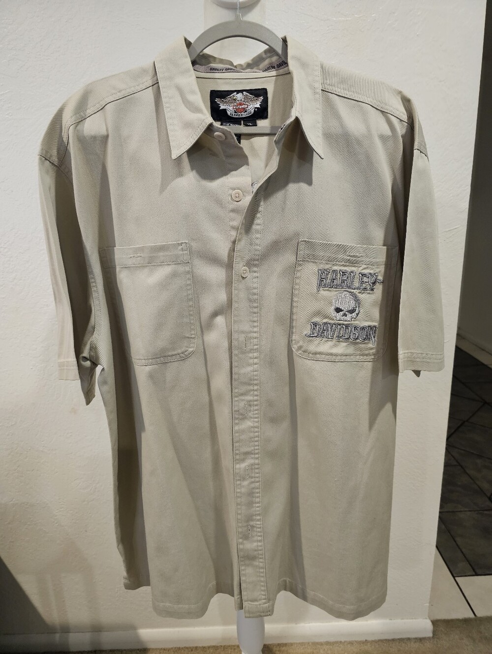 Harley-Davidson Vintage Short Sleeve Button-Up Shirt in Light Khaki Sz XL EUC